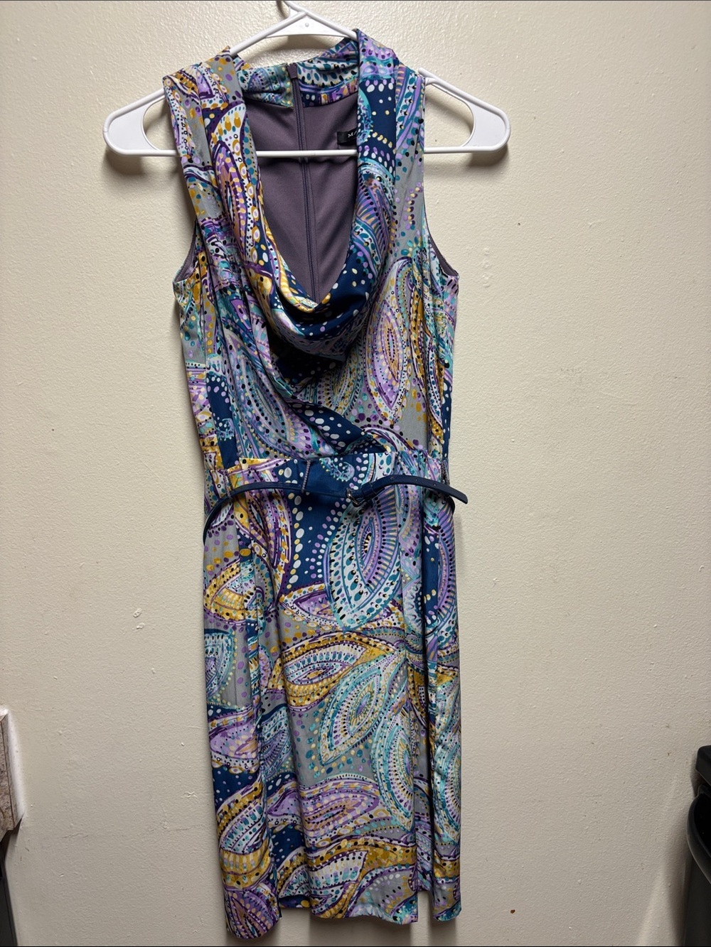 MARINA Sleeveless Cowl Neck Paisley Midi Dress - Navy, Purple & Teal